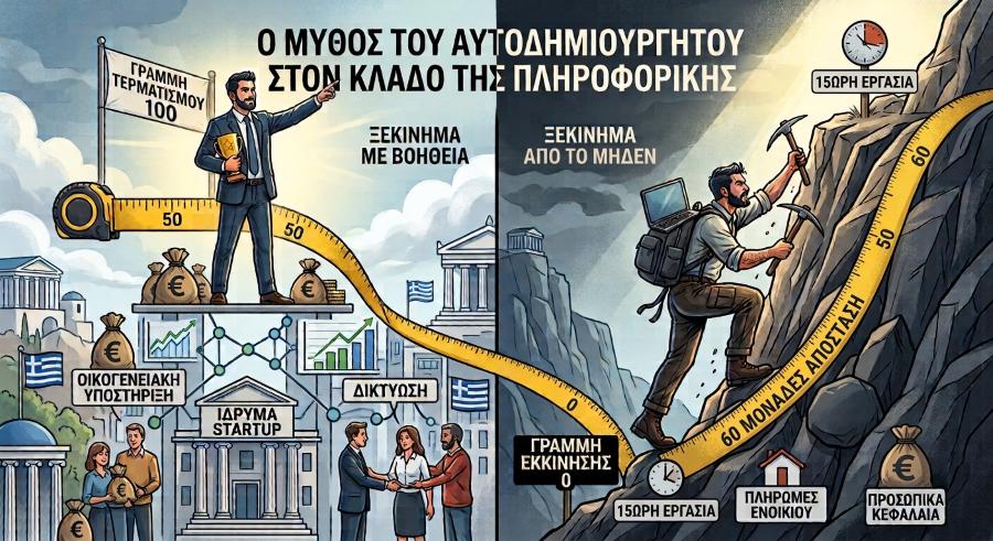 ικονογράφηση που συγκρίνει δύο επιχειρηματίες πληροφορικής στην Ελλάδα, αναδεικνύοντας τη διαφορετική αφετηρία και τα εφόδια του καθενός.
