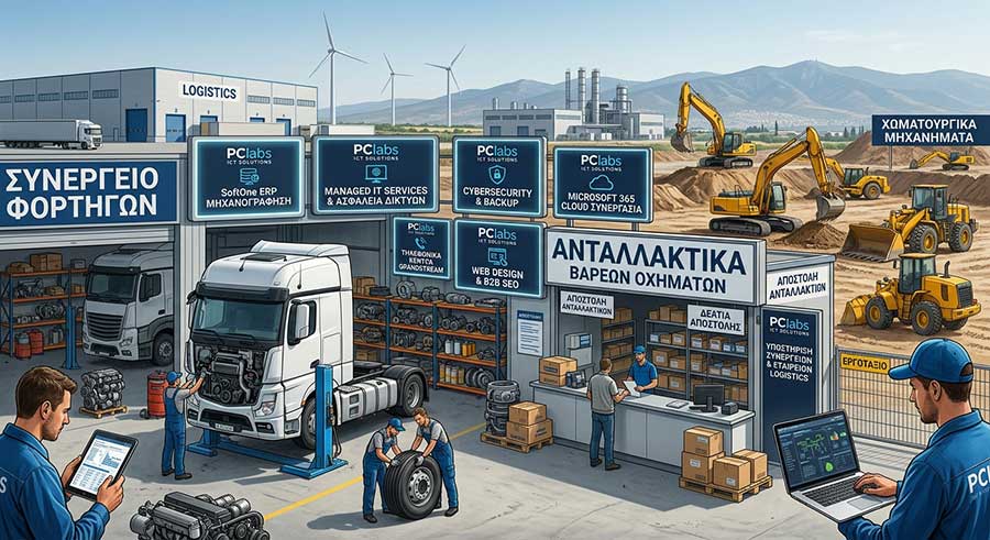 IT υποστήριξη, μηχανογράφηση SoftOne ERP και τηλεφωνικά κέντρα Grandstream για συνεργεία φορτηγών και ανταλλακτικά σε Ασπρόπυργο και Ελευσίνα από την PClabs